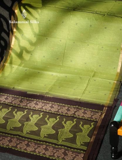 Beautiful Parrot Green Thread Buttas Handloom Pure Cotton Saree With Brown Small Border