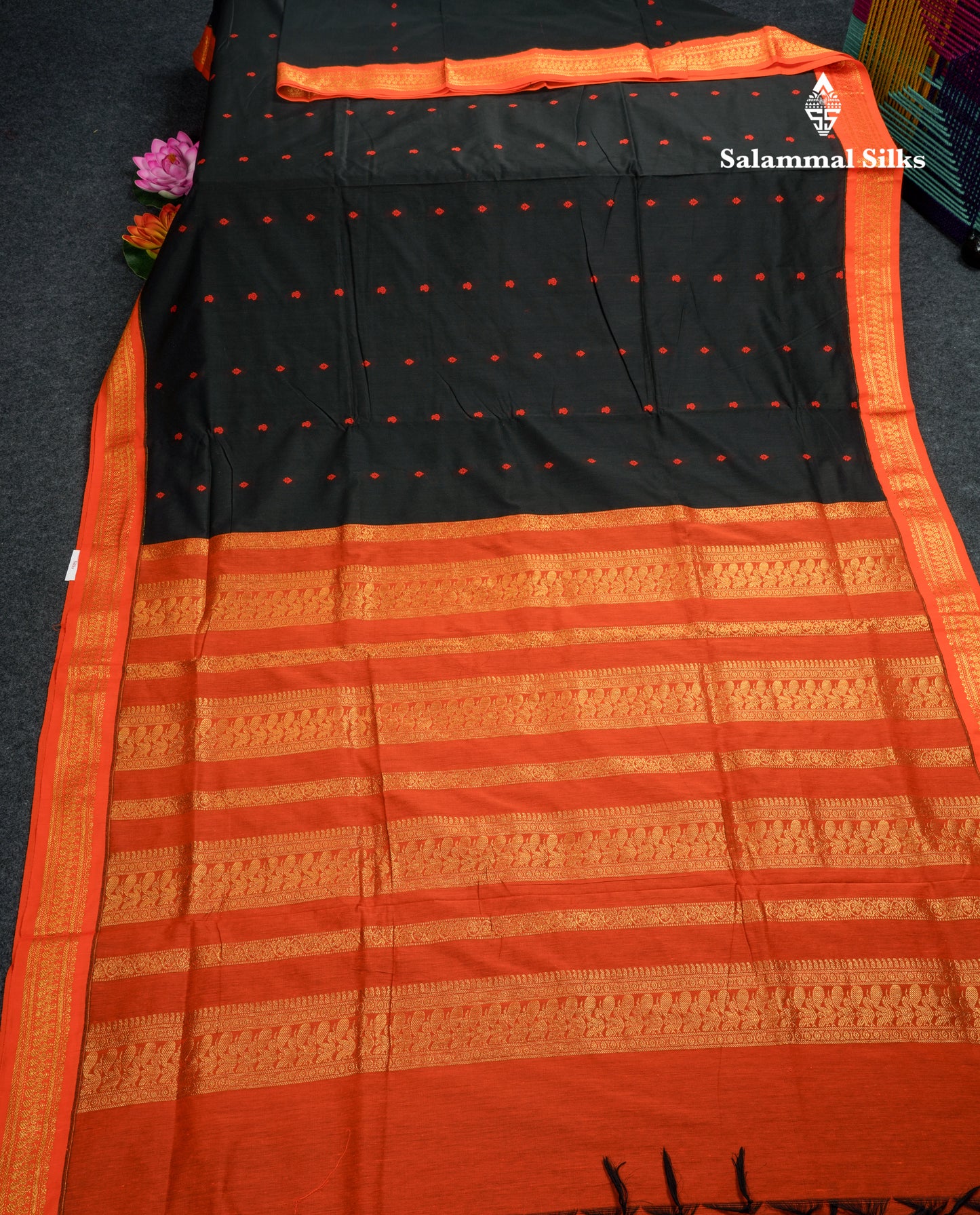 Black Kalyani Cotton Saree With Contrast Orange Border