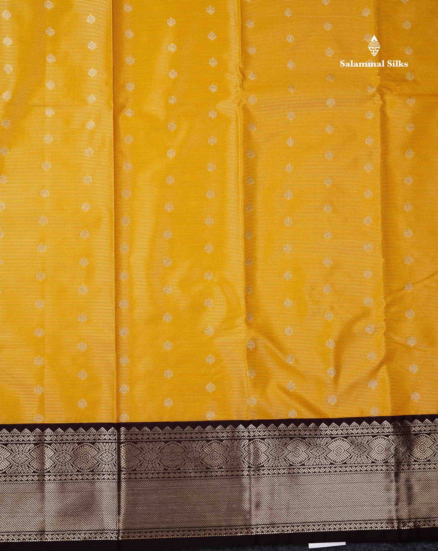 Semi Silk Saree - Mustard Yellow Butta With Vaira Oosi Lines Along With Contrast Dark Brown Traditional Border