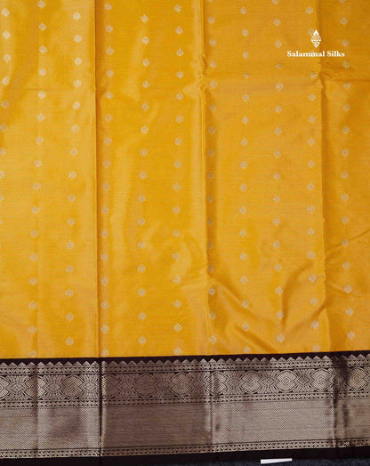 Semi Silk Saree - Mustard Yellow Butta With Vaira Oosi Lines Along With Contrast Dark Brown Traditional Border