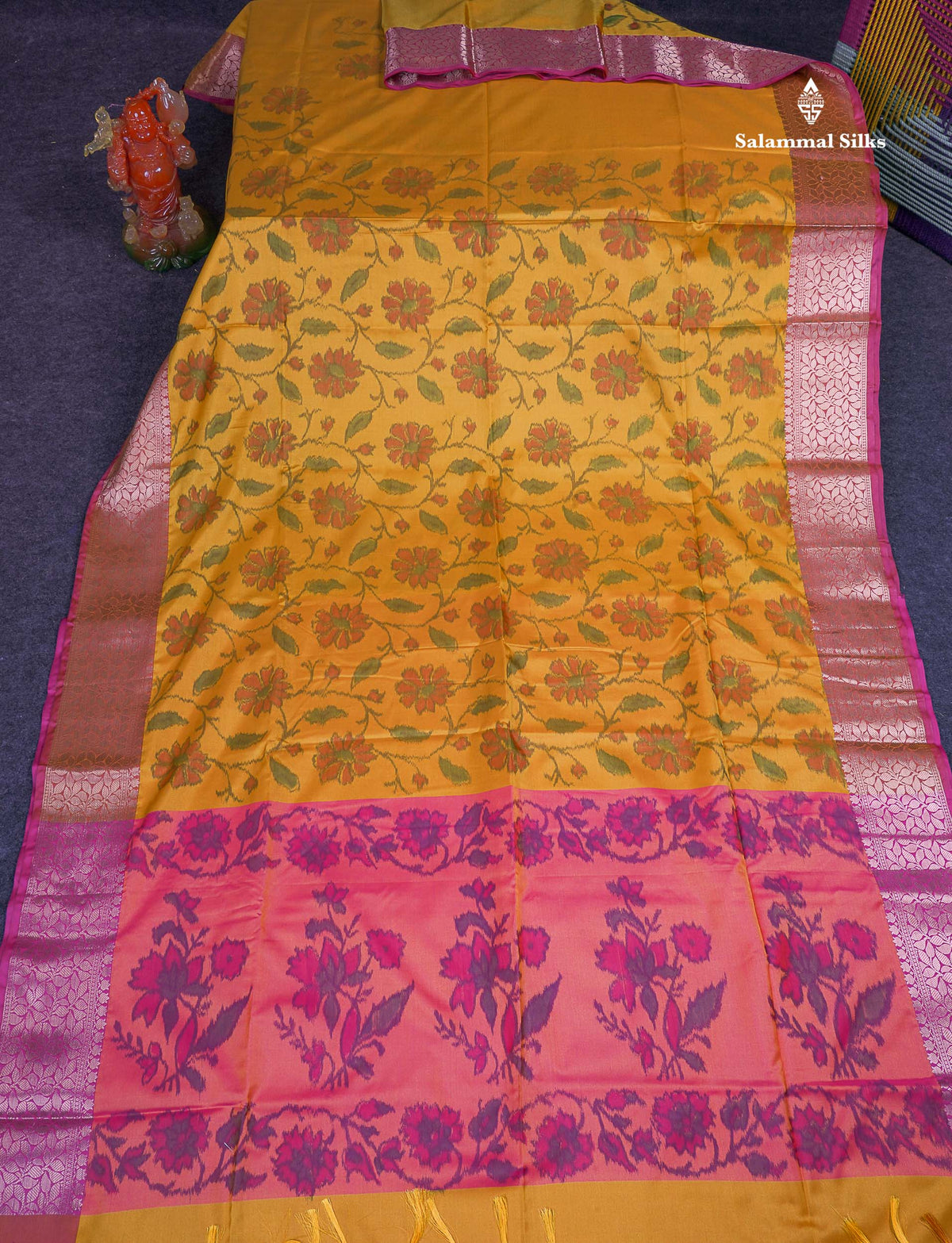 Semi Silk Saree - Mustard Yellow Colour Body Pochampally Design With Fancy Border
