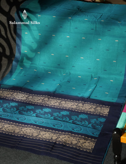 Beautiful Ramar Blue Thread Buttas Handloom Pure Cotton Saree With Navy Blue Border