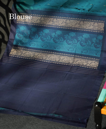 Beautiful Ramar Blue Thread Buttas Handloom Pure Cotton Saree With Navy Blue Border