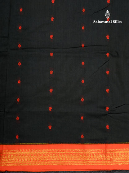 Black Kalyani Cotton Saree With Contrast Orange Border