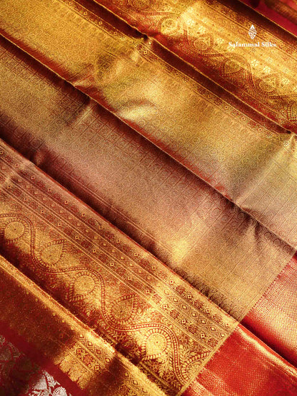 Beautiful Orange Tissue Bridal Pure Kanjivaram Silk Saree With Contrast Red Traditional Border