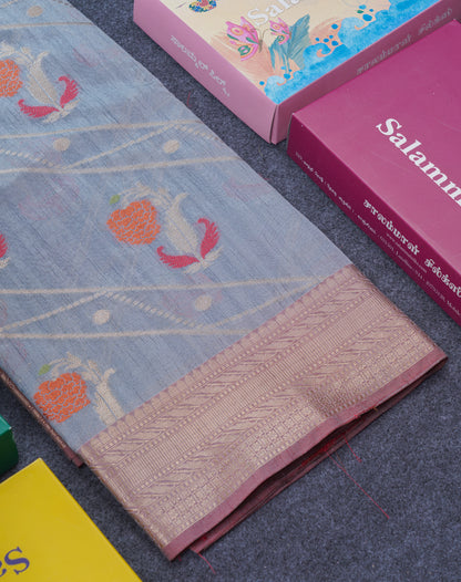 Grey Semi Tussar Saree With Fancy Border