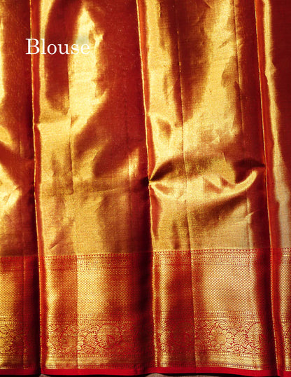 Beautiful Orange Tissue Bridal Pure Kanjivaram Silk Saree With Contrast Red Traditional Border