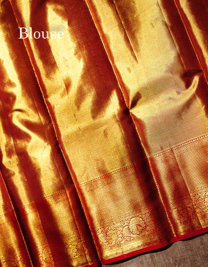 Beautiful Orange Tissue Bridal Pure Kanjivaram Silk Saree With Contrast Red Traditional Border