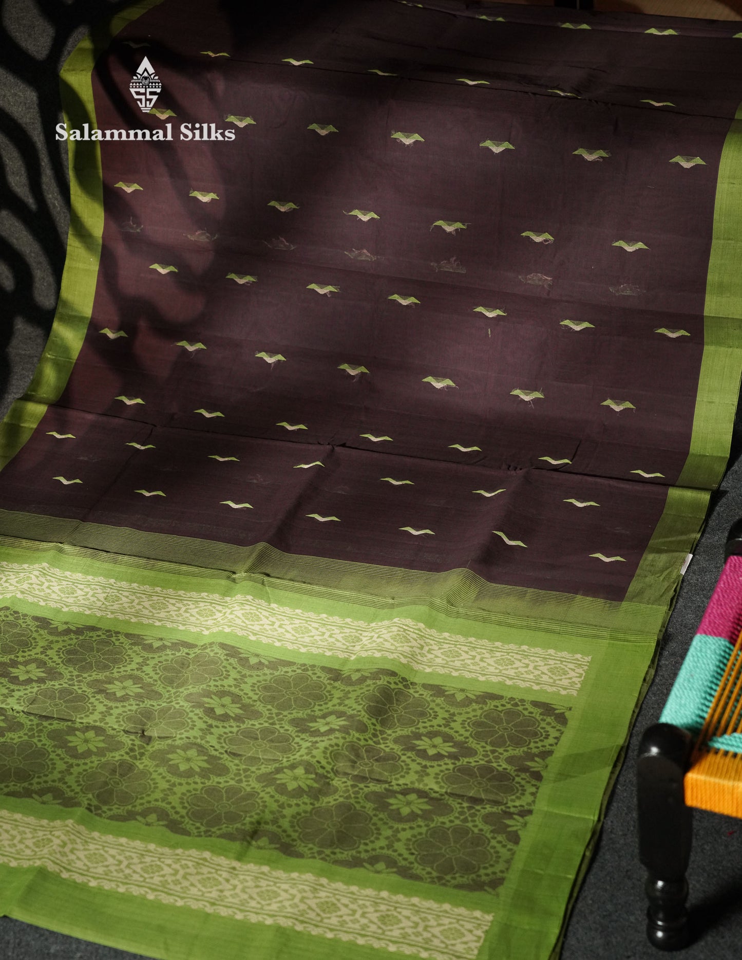 Beautiful Dark Brown Thread Buttas Handloom Pure Cotton Saree With Parrot Green Border