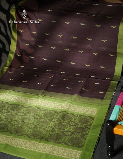 Beautiful Dark Brown Thread Buttas Handloom Pure Cotton Saree With Parrot Green Border
