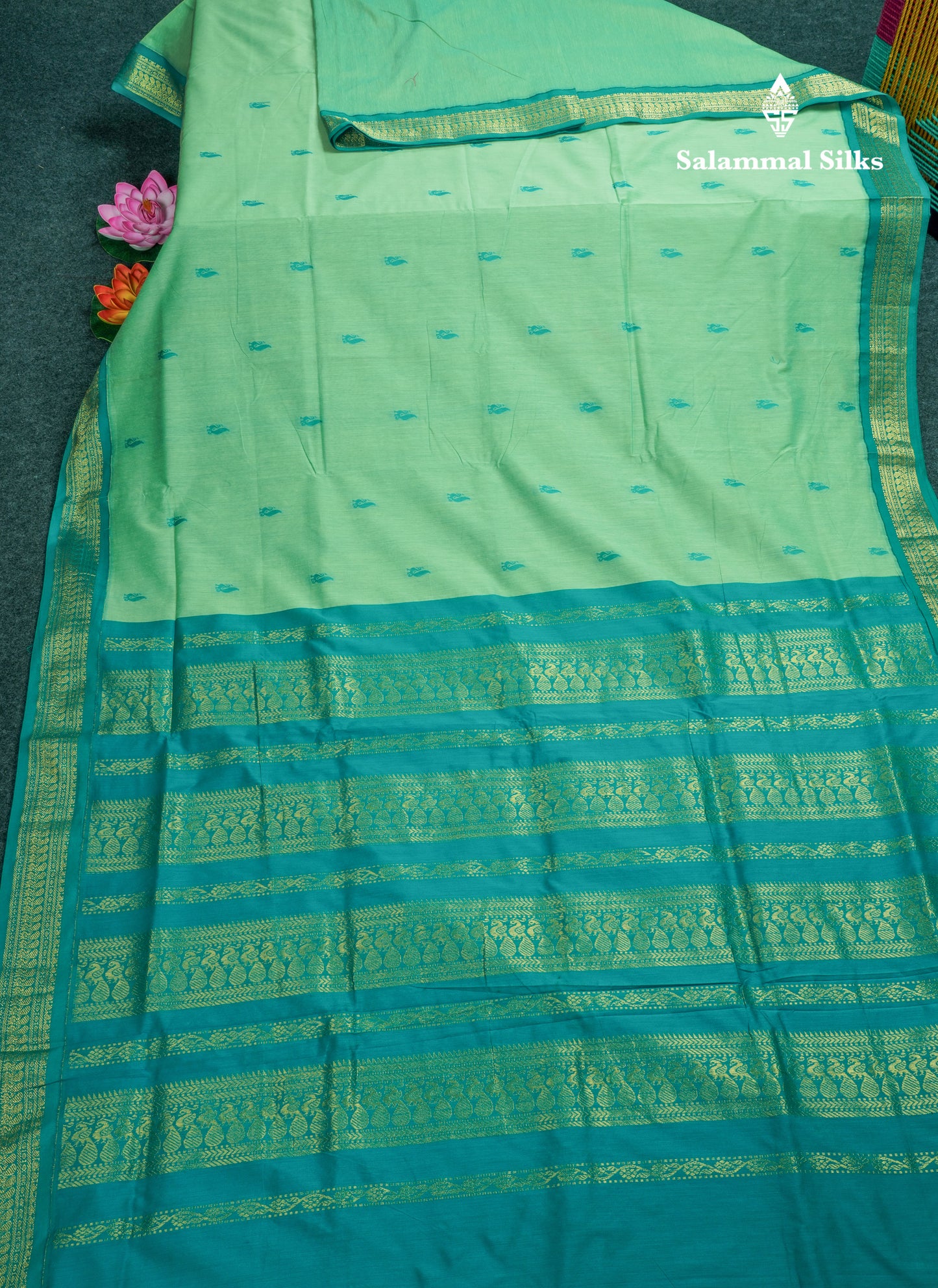 Light Green Kalyani Cotton Saree With Contrast Sapphire Green Border