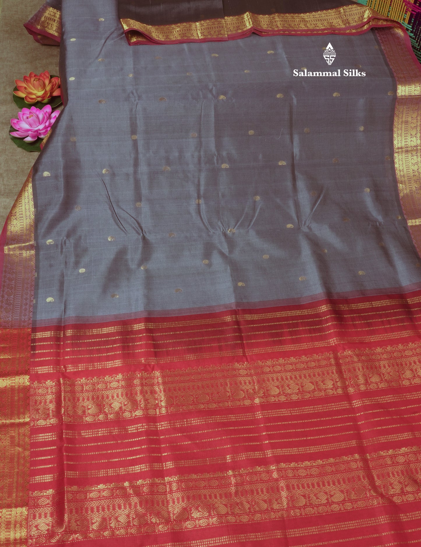 Grey Pure Silk Cotton Saree With Gold Zari Traditional Border
