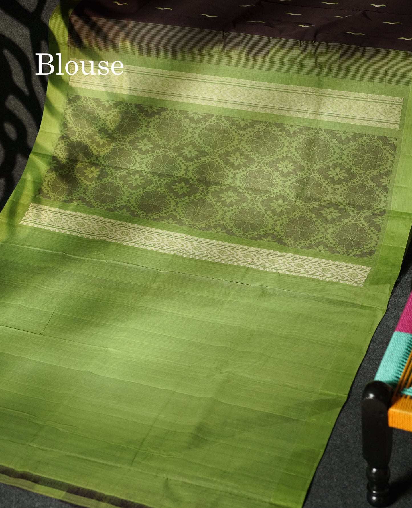 Beautiful Dark Brown Thread Buttas Handloom Pure Cotton Saree With Parrot Green Border
