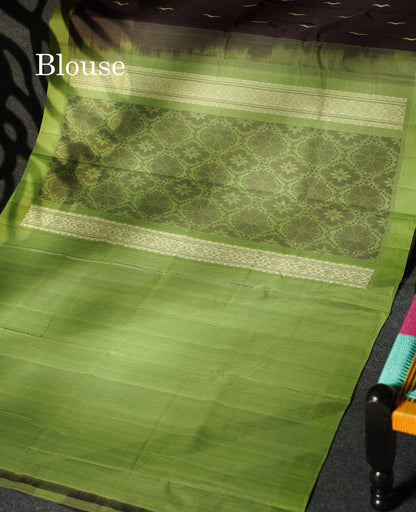 Beautiful Dark Brown Thread Buttas Handloom Pure Cotton Saree With Parrot Green Border