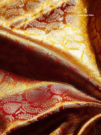 Beautiful Orange Tissue Bridal Pure Kanjivaram Silk Saree With Contrast Red Traditional Border