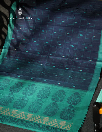 Beautiful Navy Blue Thread Buttas And Checks Handloom Pure Cotton Saree With Sapphire Blue Border