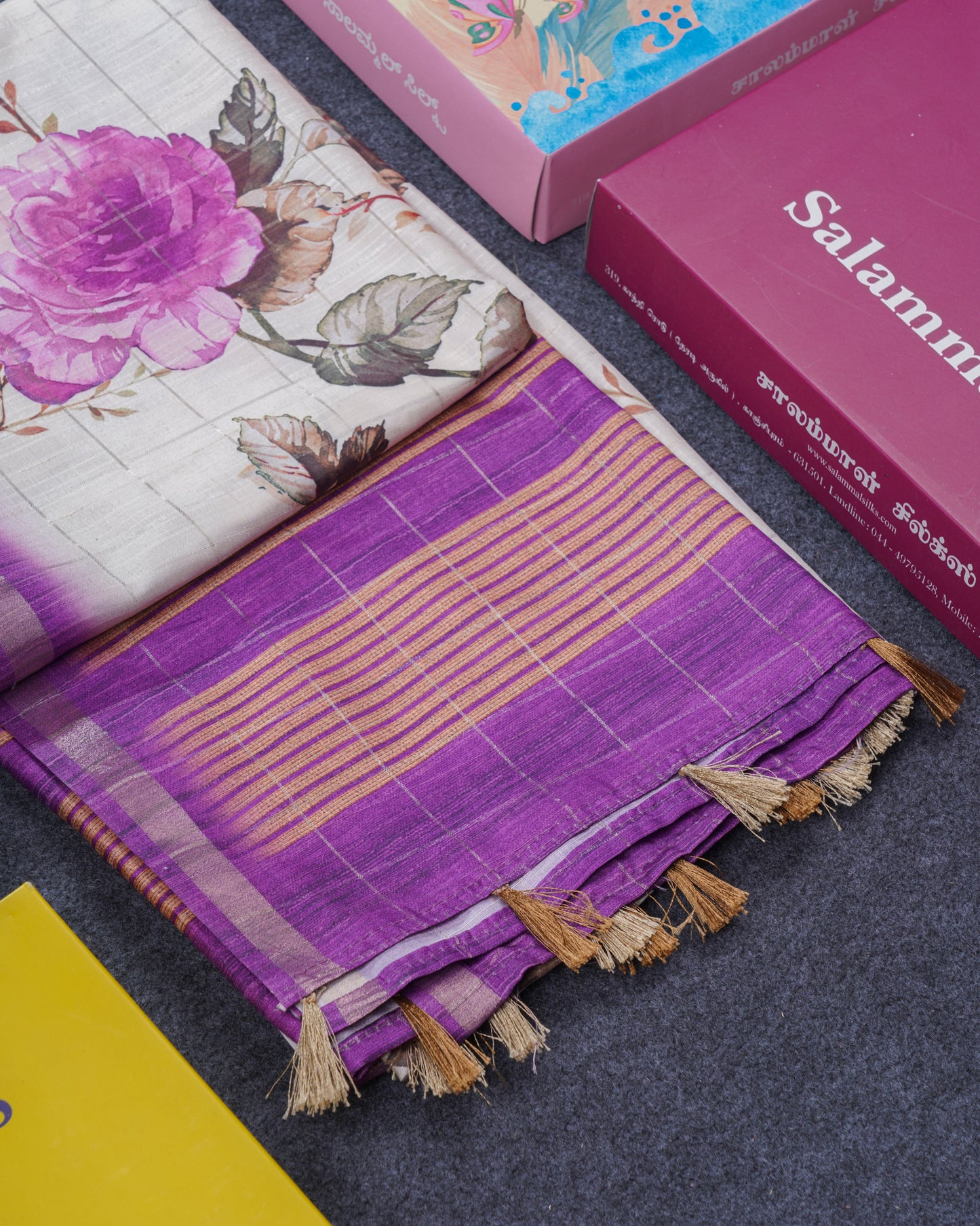 Cream Colour Semi Tussar Saree With Floral Prints & Zari Checks