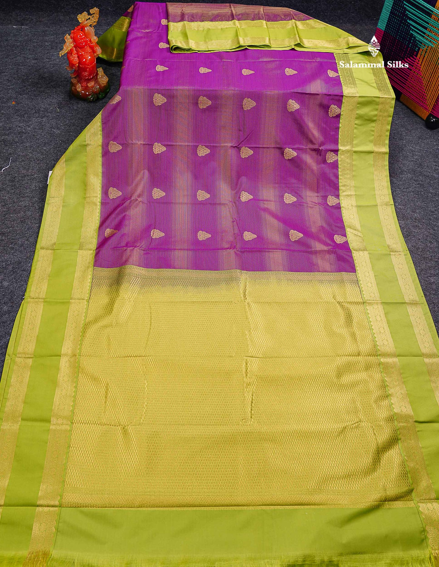 Magenta Alai Vaira Oosi Lines With Butta Semi Silk Saree With Contrast Parrot Green Traditional Gap Border