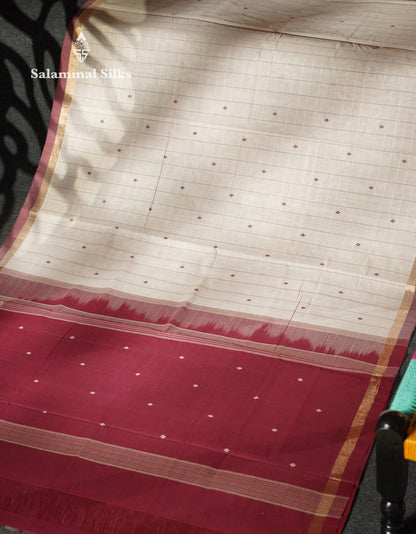 Beautiful Cream Thread Buttas And Lines Handloom Pure Cotton Saree With Maroon Small Border