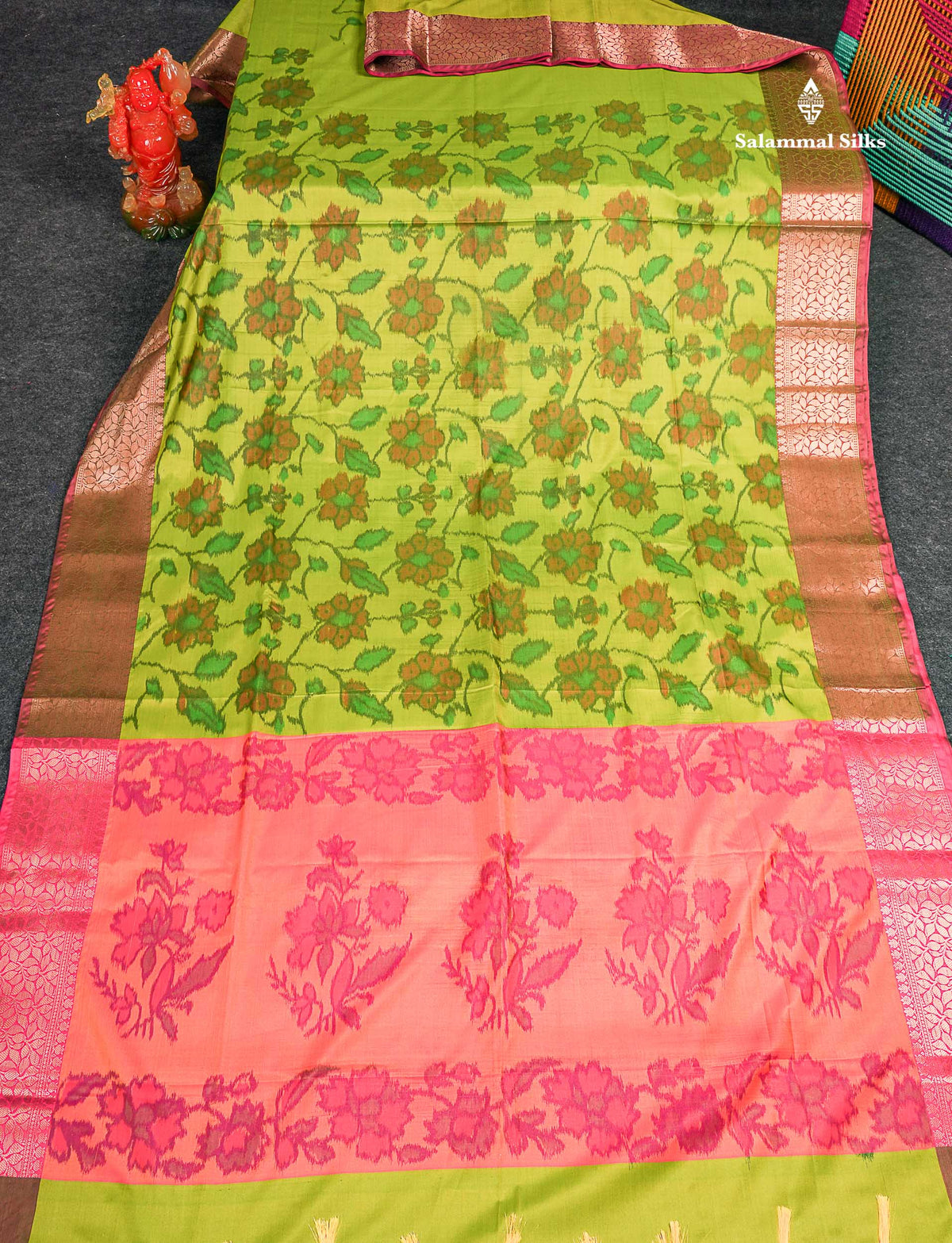 Semi Silk Saree - Parrot Green Colour Body Pochampally Design With Fancy Border