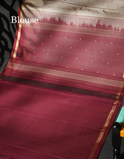 Beautiful Cream Thread Buttas And Lines Handloom Pure Cotton Saree With Maroon Small Border