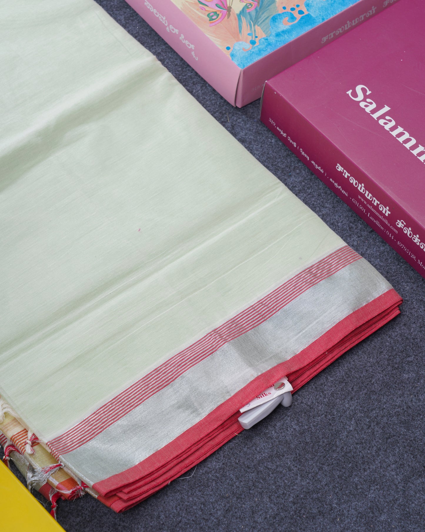 Light Elaichi Color Cotton Saree with Silver Jari Tissue border and Running Blouse
