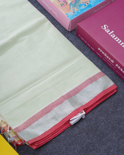 Light Elaichi Color Cotton Saree with Silver Jari Tissue border and Running Blouse