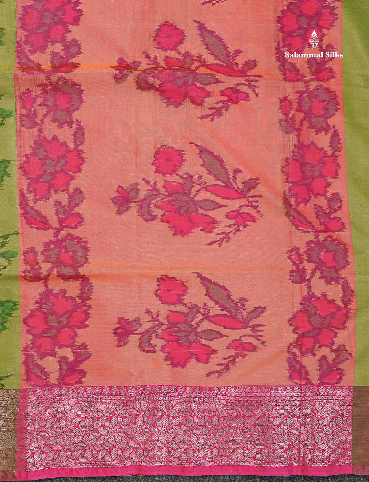 Semi Silk Saree - Parrot Green Colour Body Pochampally Design With Fancy Border