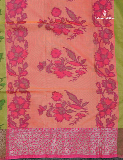 Semi Silk Saree - Parrot Green Colour Body Pochampally Design With Fancy Border