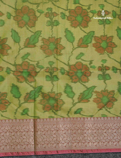 Semi Silk Saree - Parrot Green Colour Body Pochampally Design With Fancy Border