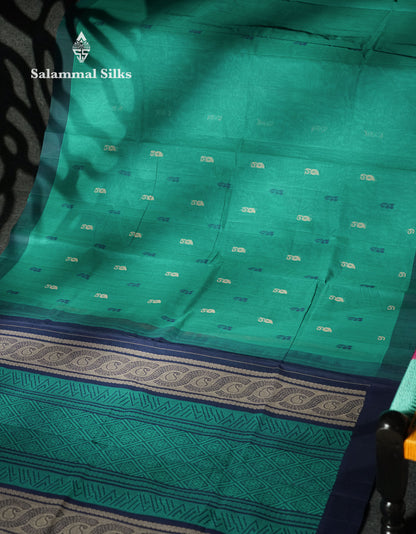 Beautiful Sapphire Green Thread Buttas Handloom Pure Cotton Saree With Navy Blue Border