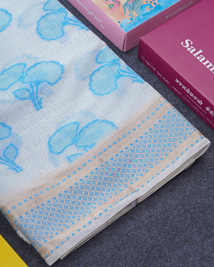 Fancy White Cotton Mix Saree With Contrast Sky Blue Designer Blouse