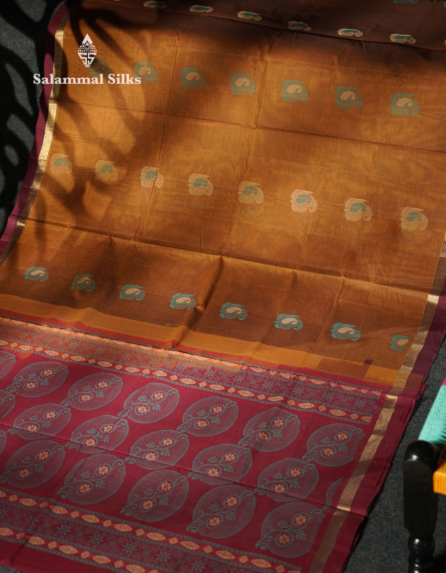 Beautiful Mustard Yellow Thread Buttas Handloom Pure Cotton Saree With Maroon Small Border