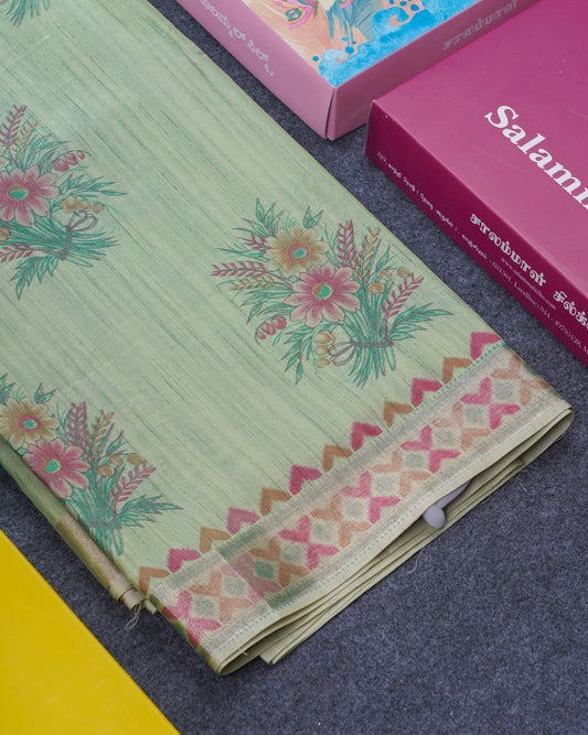 Elaichi Green Printed Cotton Mix Saree With Small Tissue Border