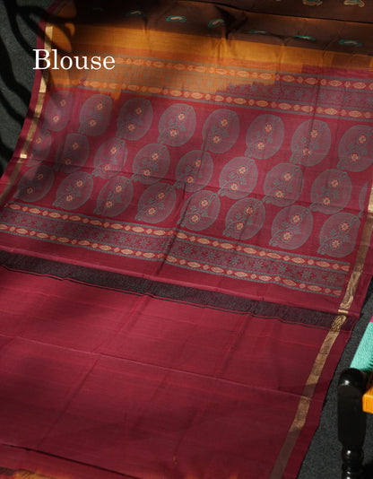 Beautiful Mustard Yellow Thread Buttas Handloom Pure Cotton Saree With Maroon Small Border