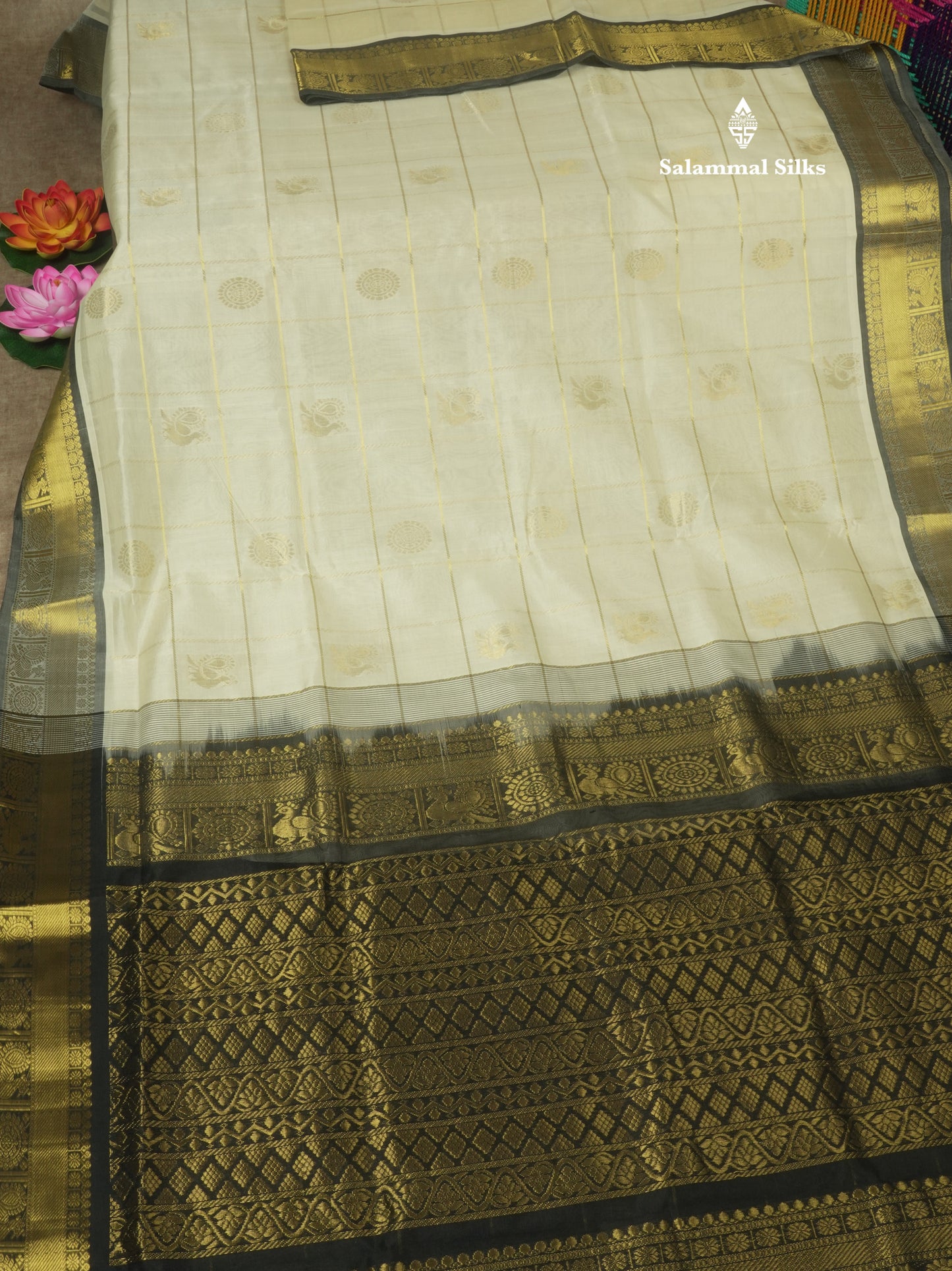 Half White Zari Checks Pure Silk Cotton Saree With Traditional Gold Zari Border