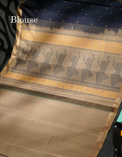 Beautiful Navy Blue Thread Buttas Handloom Pure Cotton Saree With Beige Border