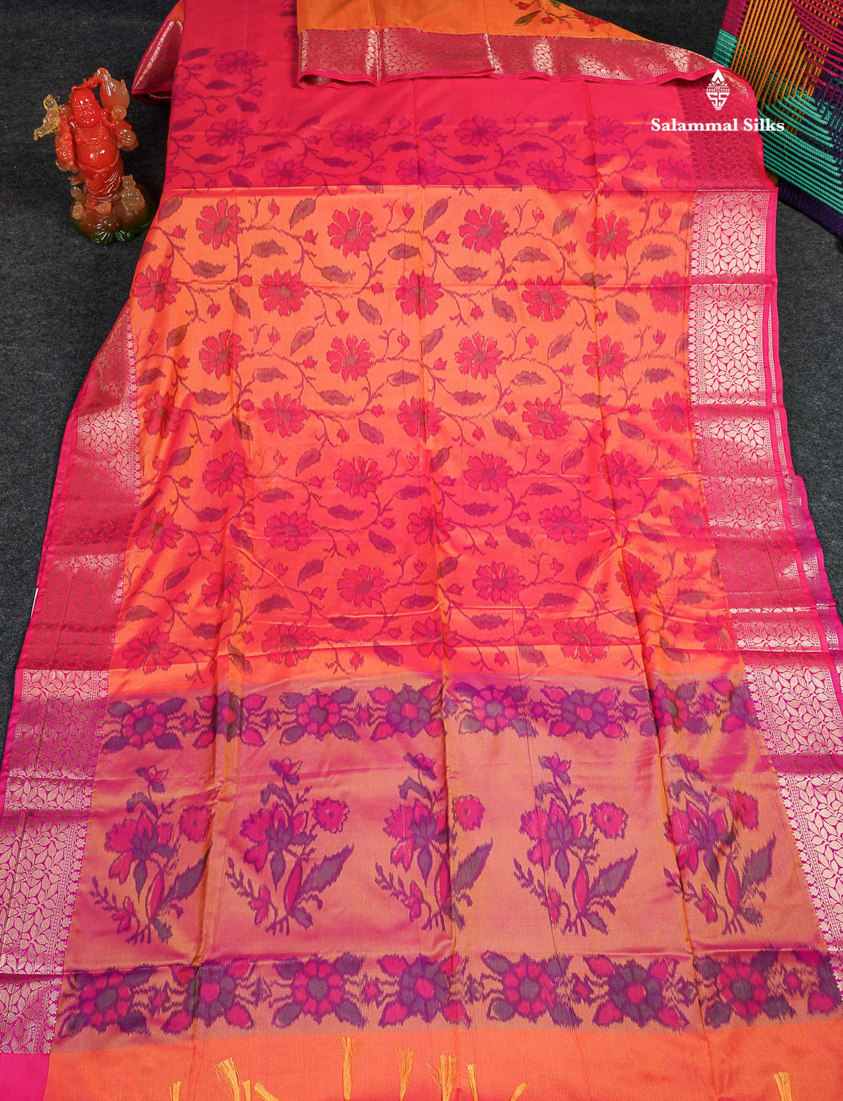 Semi Silk Saree - Pinkish Orange Colour Body Pochampally Design With Fancy Border
