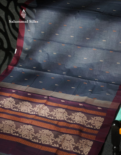 Beautiful Dual Tone Grey Thread Buttas Handloom Pure Cotton Saree With Maroon Border