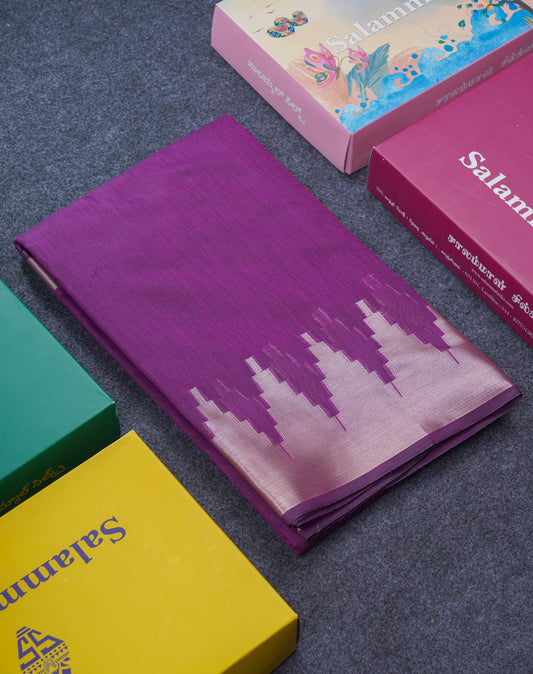 Wine Beautiful Horizontal Lines Cotton Mix Fancy Saree With Silver Zari Temple Border