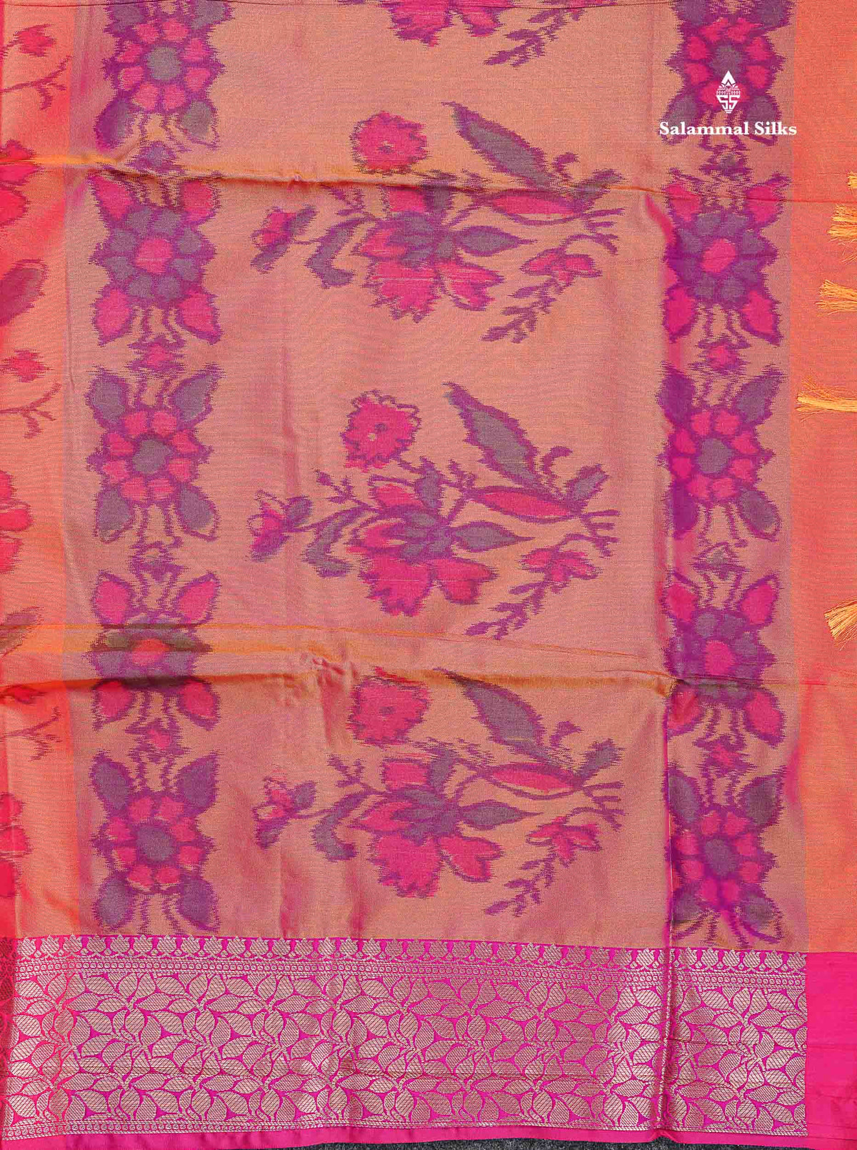 Semi Silk Saree - Orange Colour Body Pochampally Design With Fancy Border