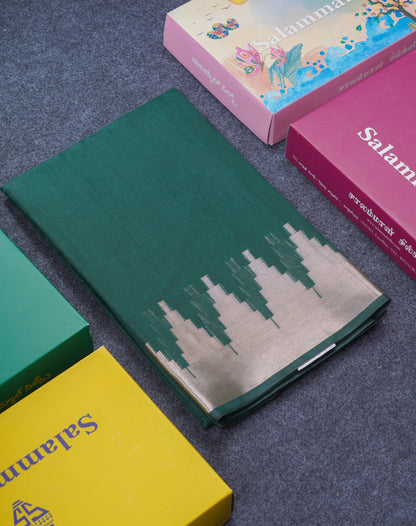 Bottle Green Beautiful Horizontal Lines Cotton Mix Fancy Saree With Silver Zari Temple Border