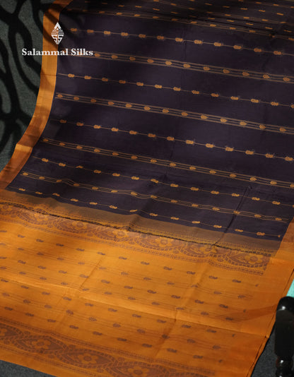Beautiful Dark Brown Thread Buttas Handloom Pure Cotton Saree With Yellow Border