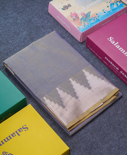 Dual Tone Blue Beautiful Horizontal Lines Cotton Mix Fancy Saree With Silver Zari Temple Border