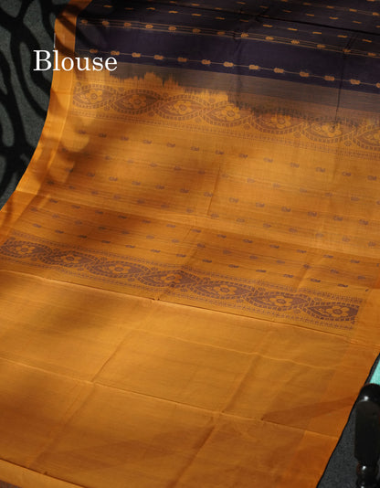 Beautiful Dark Brown Thread Buttas Handloom Pure Cotton Saree With Yellow Border