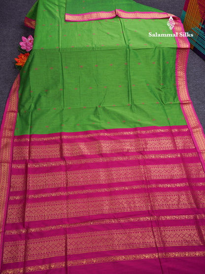 Green Kalyani Cotton Saree With Contrast Magenta Pink Border