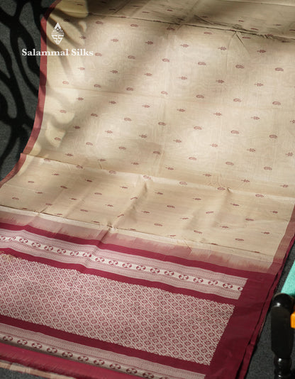 Beautiful Sandal Thread Buttas Handloom Pure Cotton Saree With Maroon Small Border
