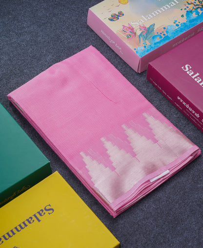 Light Pink Beautiful Horizontal Lines Cotton Mix Fancy Saree With Silver Zari Temple Border