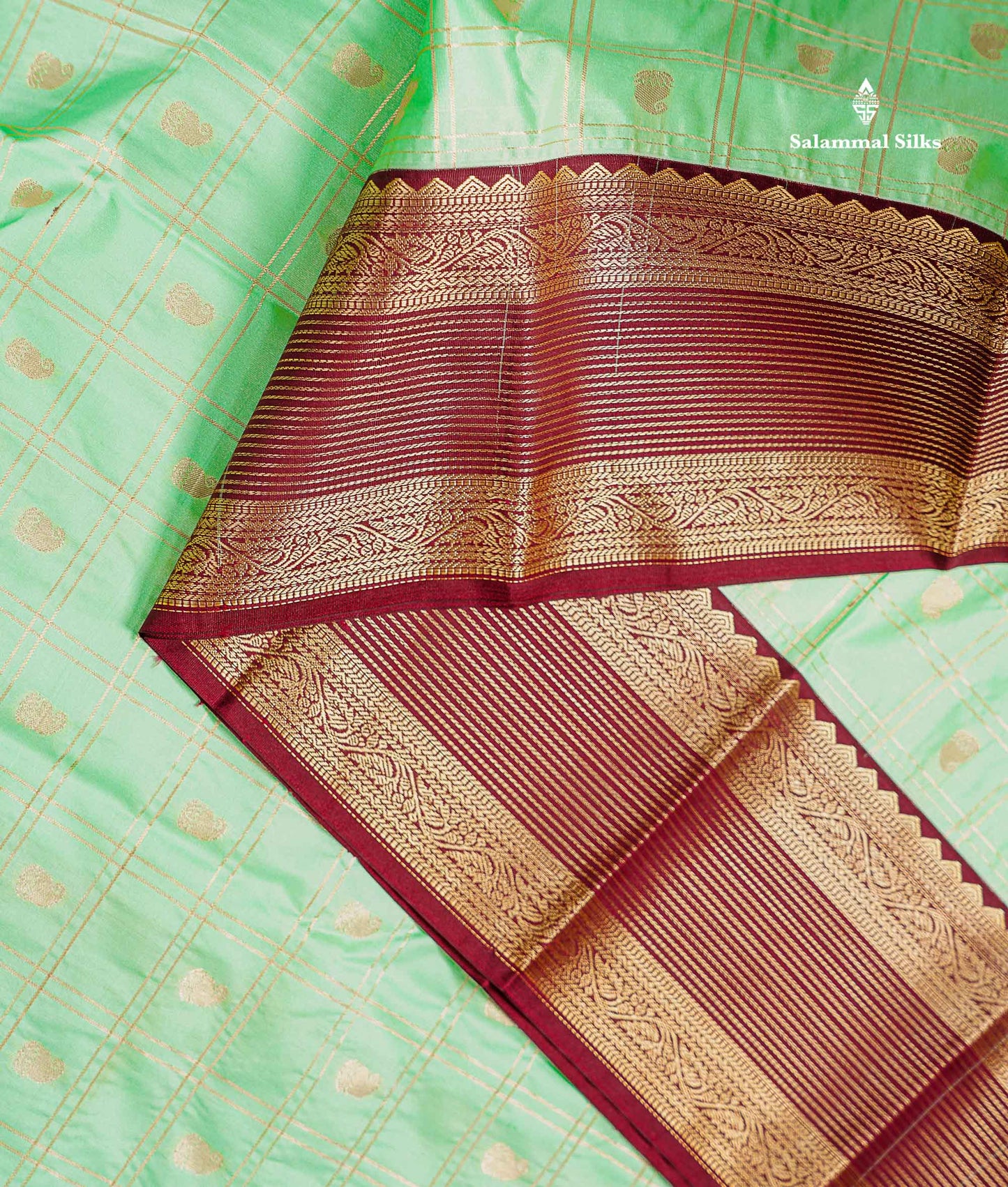 Light Rexona Zari Checks With Mango Butta Semi Silk Saree With Contrast Dark Maroon Traditional Border