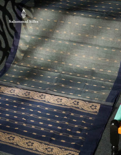 Beautiful Grey Thread Buttas Handloom Pure Cotton Saree With Navy Blue Border